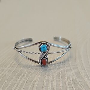 Vintage Native American Sterling Silver Turquoise & Red Coral Cuff Bracelet